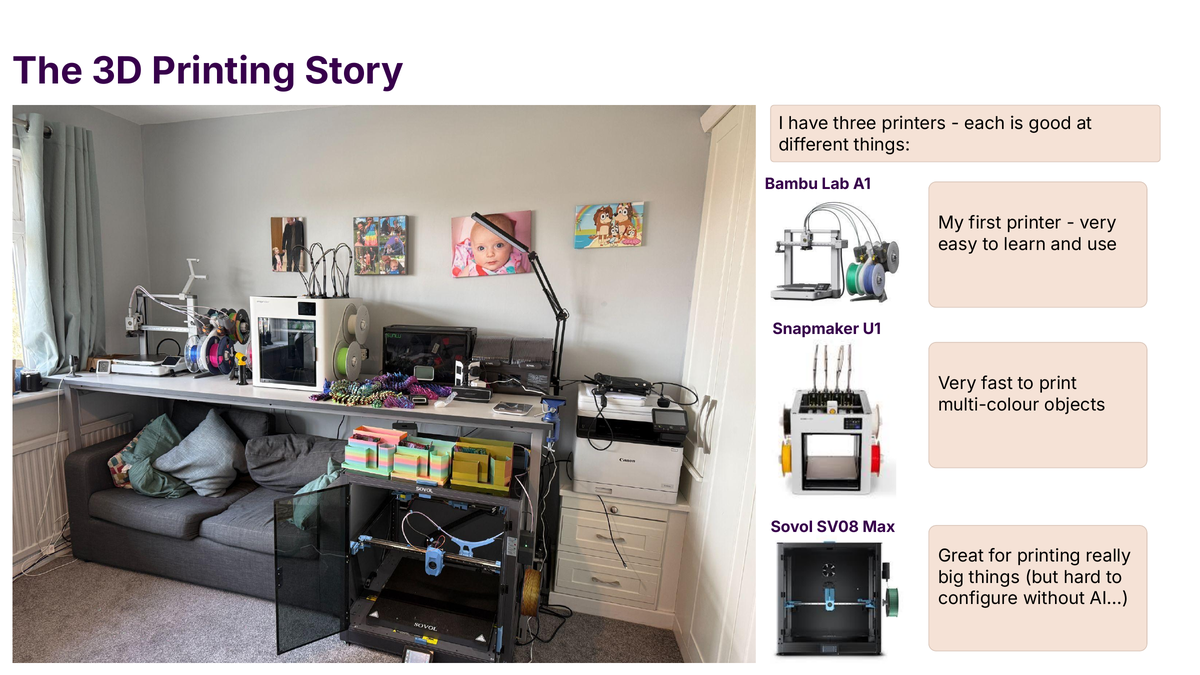 The three printers at home: a Bambu Lab A1 and Snapmaker U1 on the desk, and the Sovol SV08 Max beneath it with its door open mid-calibration.