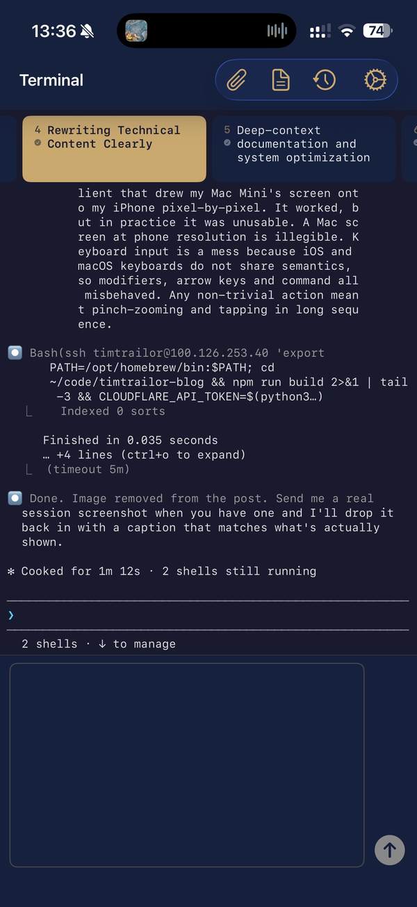 TerminalApp on iPhone, mid-session: tabs across the top for the two parallel sessions I have running, the live agent conversation in the middle, and a shell input at the bottom.